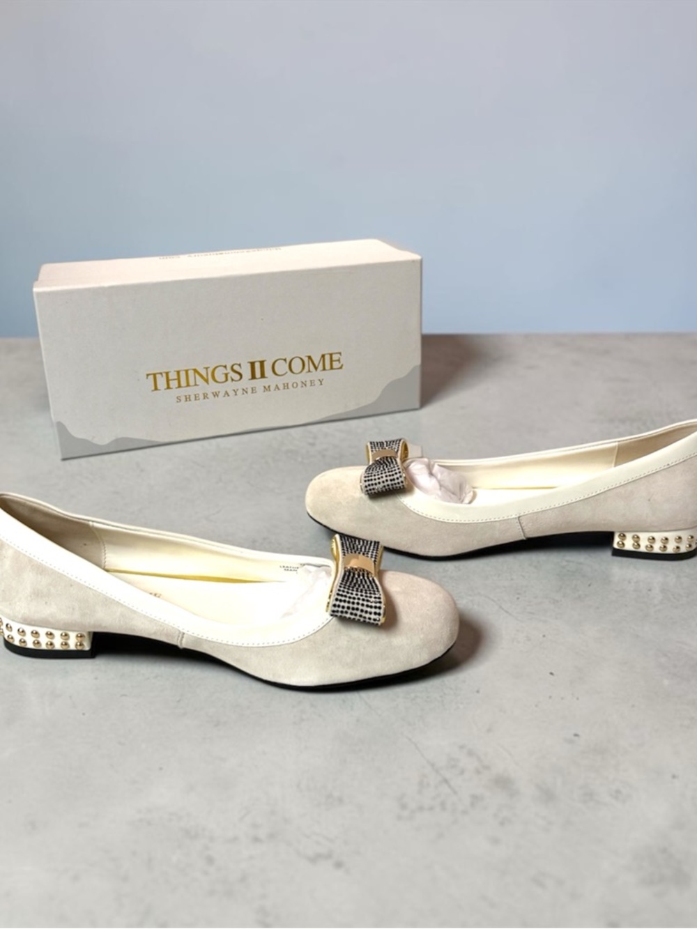 Cream Suede Bow Flats with Studded Heel